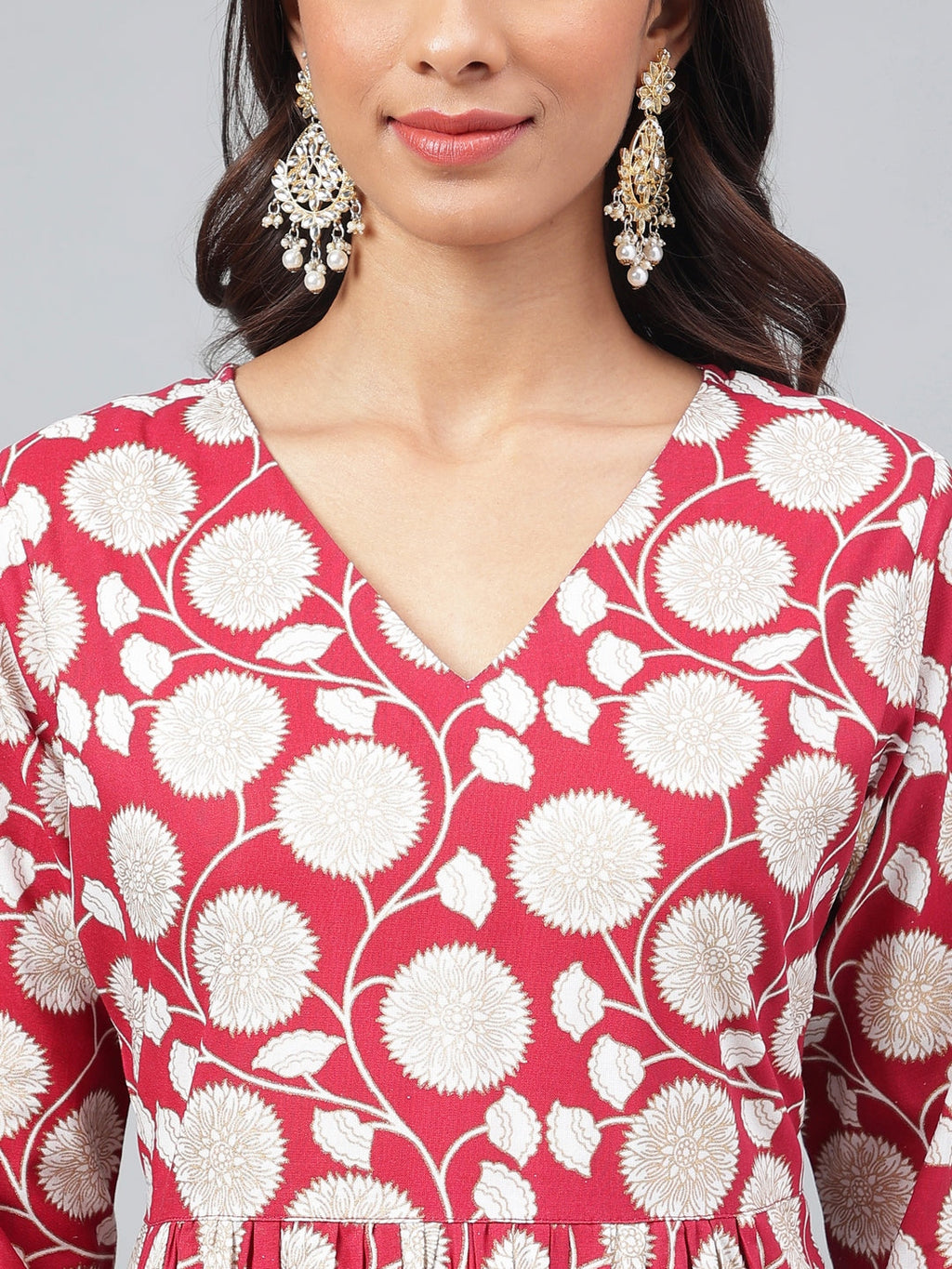 Janasya Women's Maroon Cotton Floral Printed Gathered Casual Kurta Set