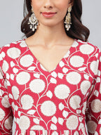 Janasya Women's Maroon Cotton Floral Printed Gathered Casual Kurta Set
