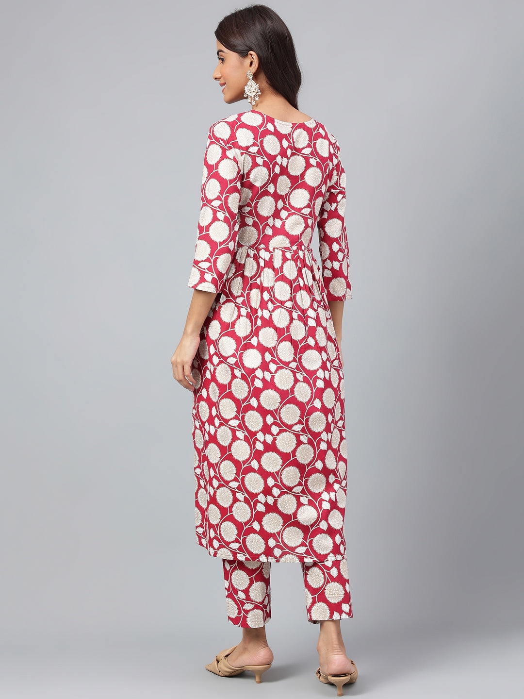 Janasya Women's Maroon Cotton Floral Printed Gathered Casual Kurta Set