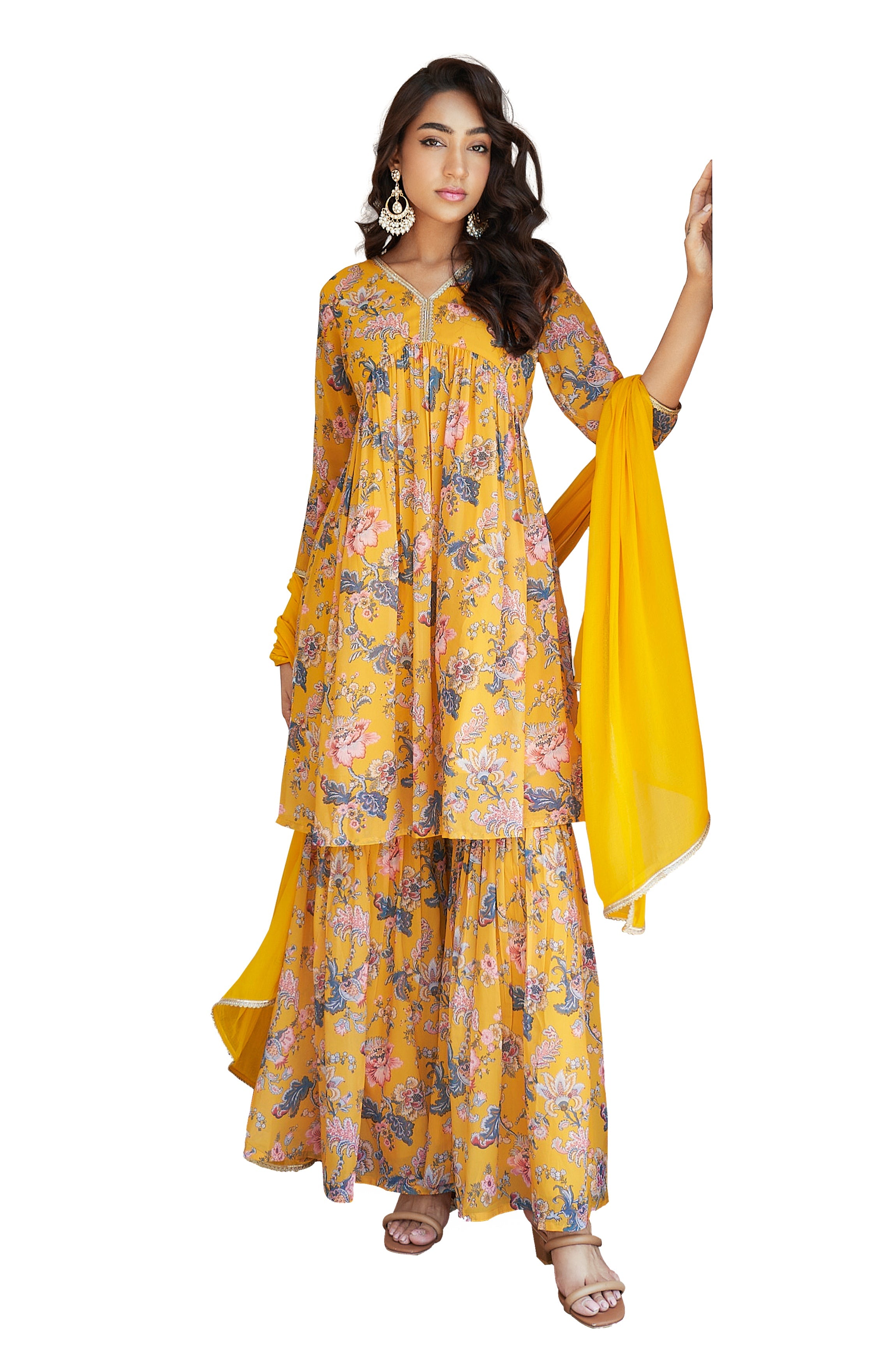 Janasya Yellow Georgette Digital Floral Printed Set