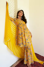Janasya Yellow Georgette Digital Floral Printed Set