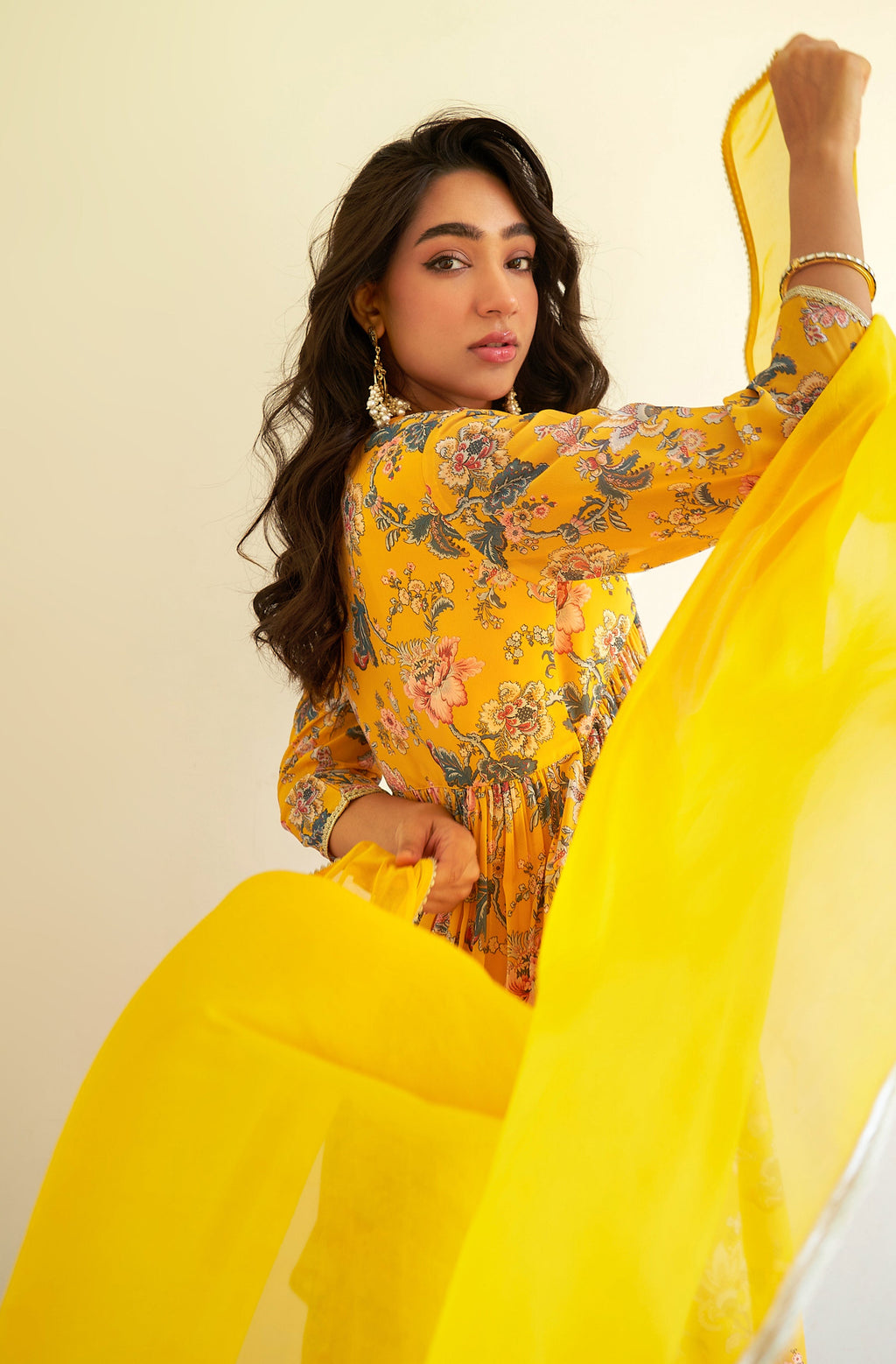 Janasya Yellow Georgette Digital Floral Printed Set