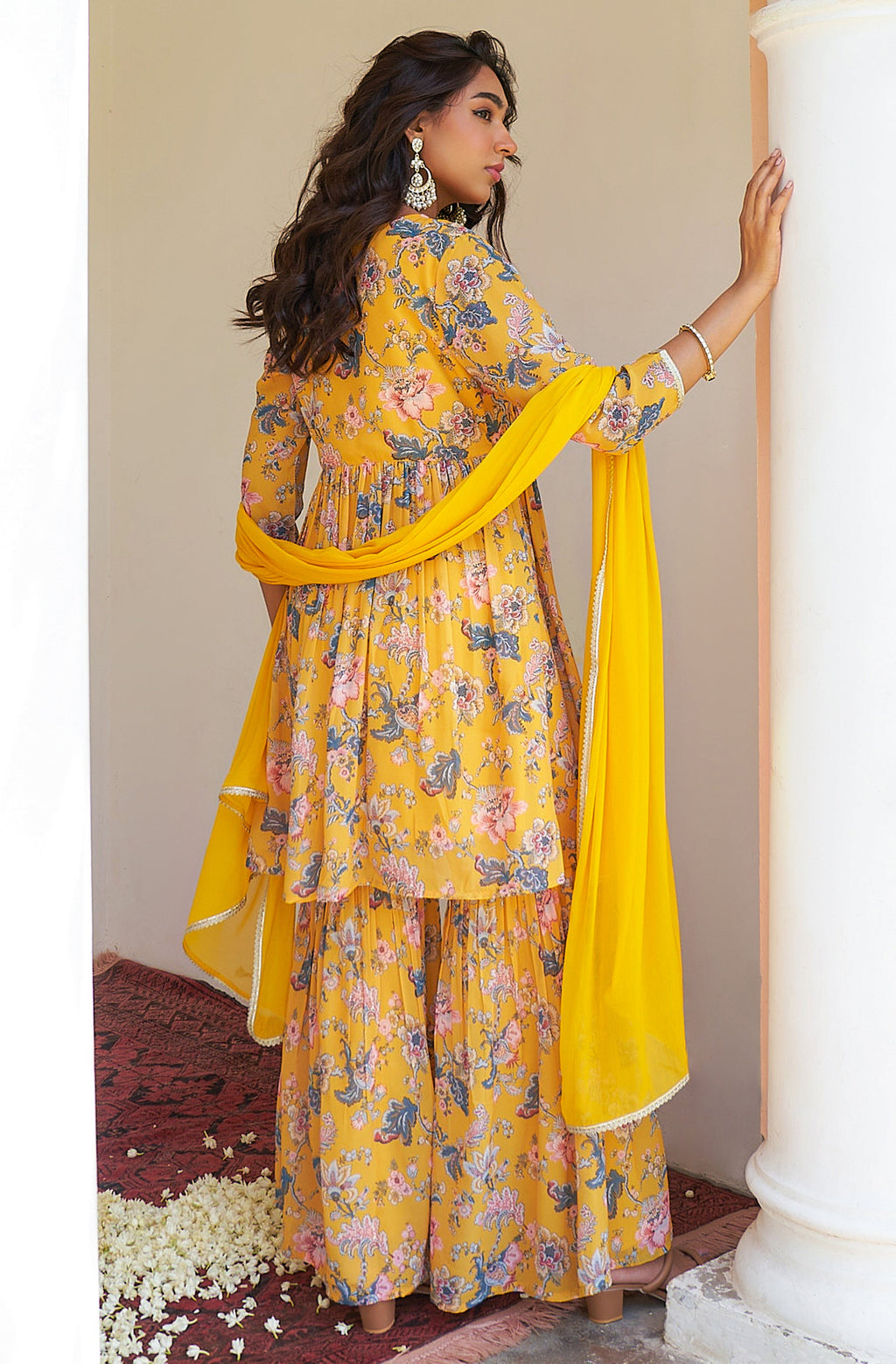 Janasya Yellow Georgette Digital Floral Printed Set