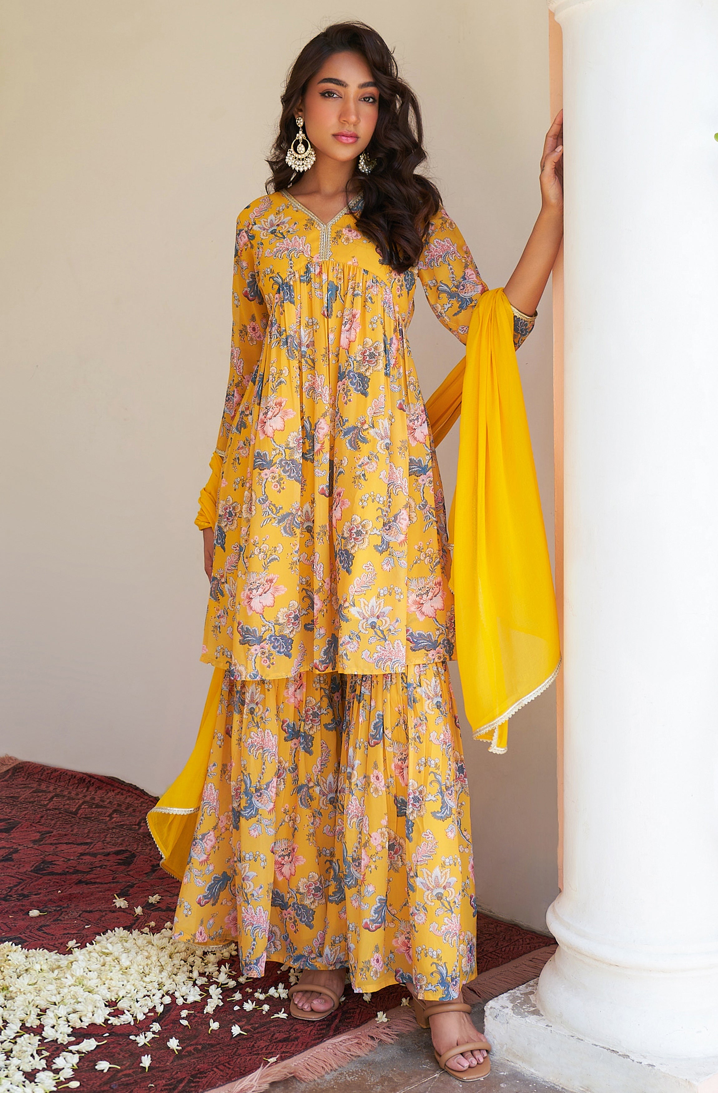 Janasya Yellow Georgette Digital Floral Printed Set