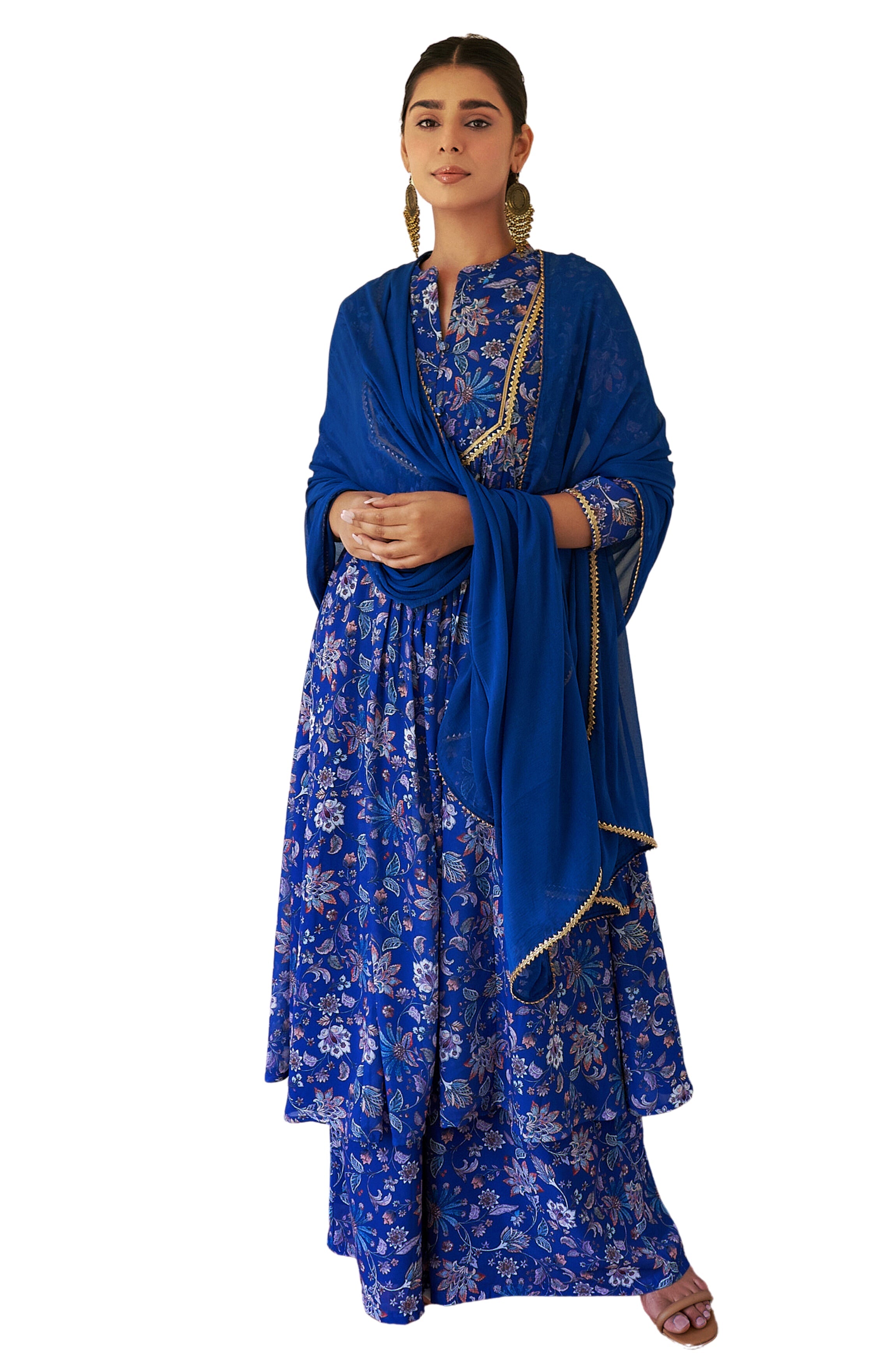 Janasya Dark Teal Blue Georgette Digital Floral Printed Set