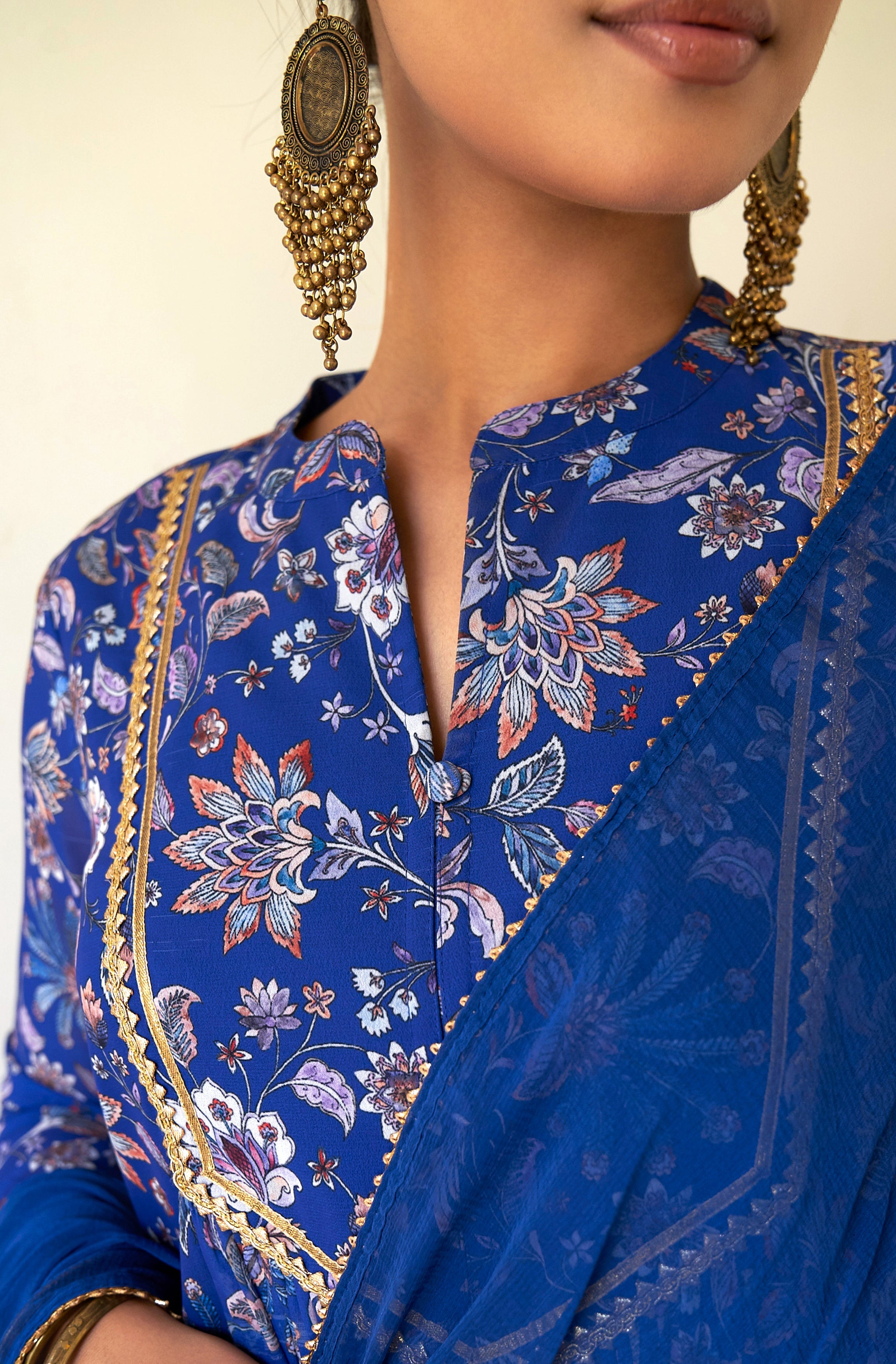 Janasya Dark Teal Blue Georgette Digital Floral Printed Set