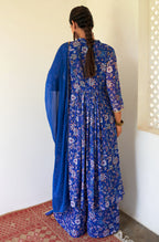 Janasya Dark Teal Blue Georgette Digital Floral Printed Set