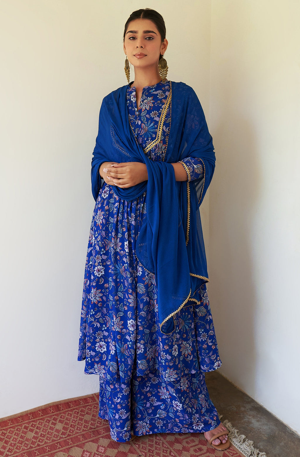 Janasya Dark Teal Blue Georgette Digital Floral Printed Set