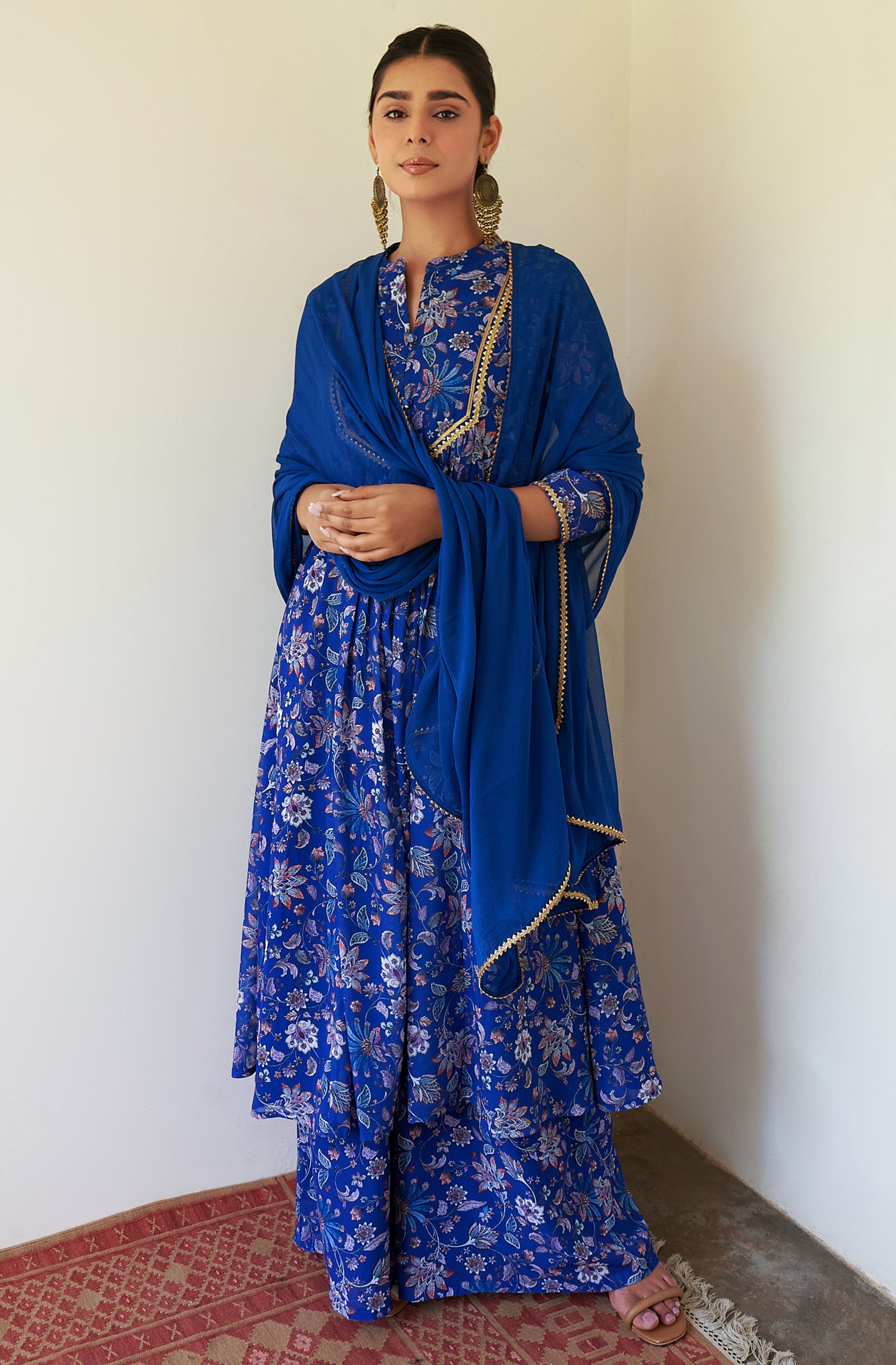 Janasya Dark Teal Blue Georgette Digital Floral Printed Set