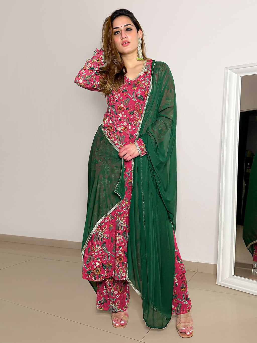 Janasya Pink Georgette Digital Floral Printed Set