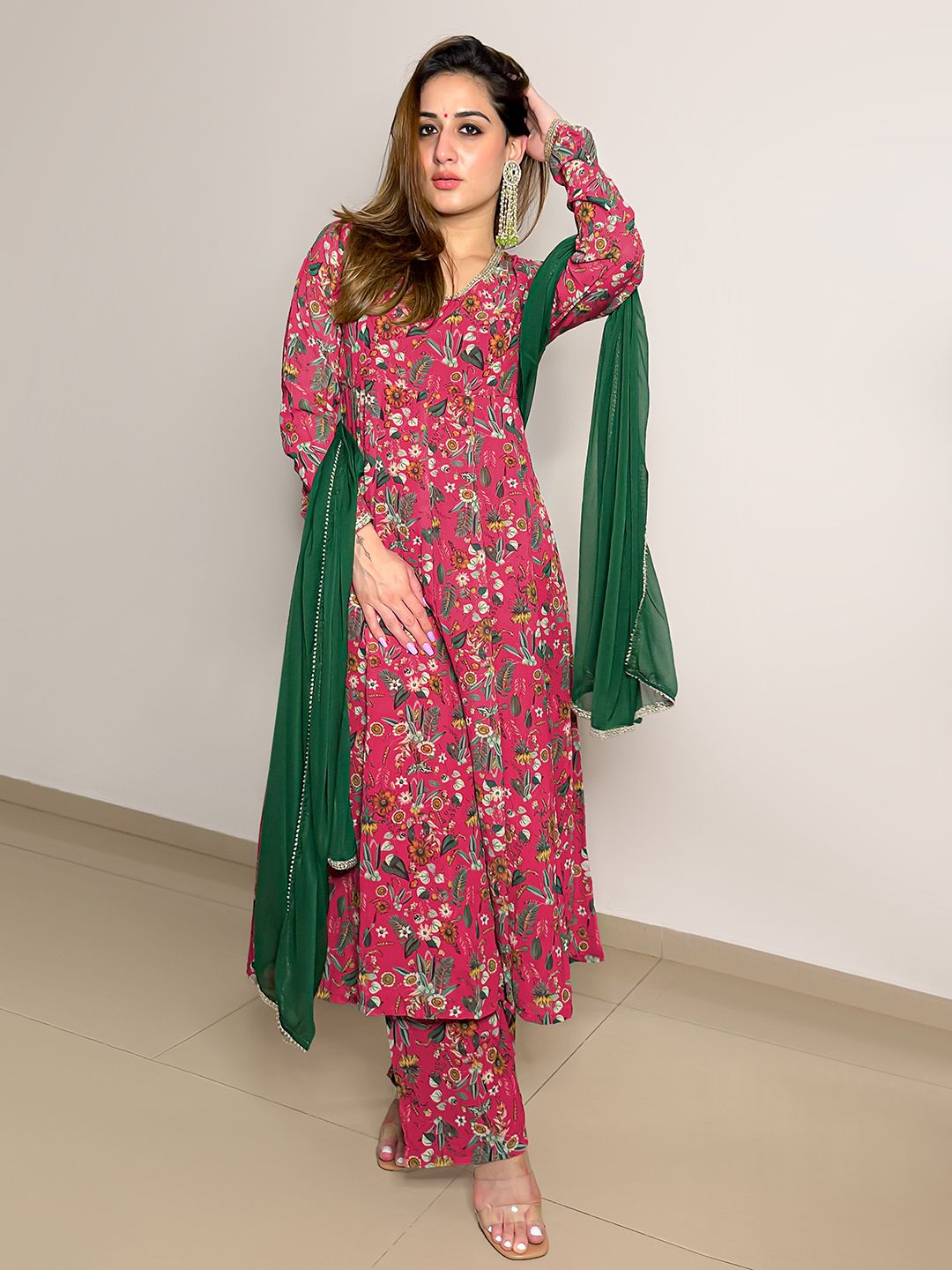 Janasya Pink Georgette Digital Floral Printed Set