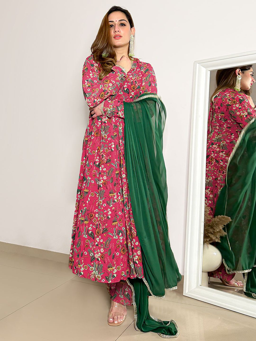 Janasya Pink Georgette Digital Floral Printed Set