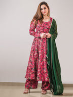Janasya Pink Georgette Digital Floral Printed Set