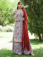 Janasya Beige Georgette Digital Floral Printed Set