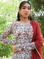 Janasya Beige Georgette Digital Floral Printed Set