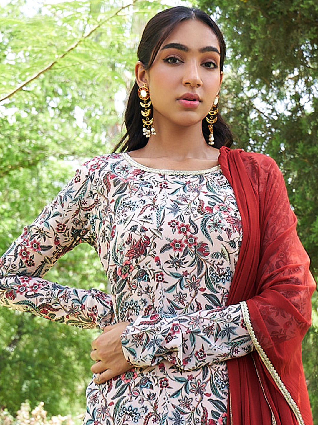 Janasya Beige Georgette Digital Floral Printed Set