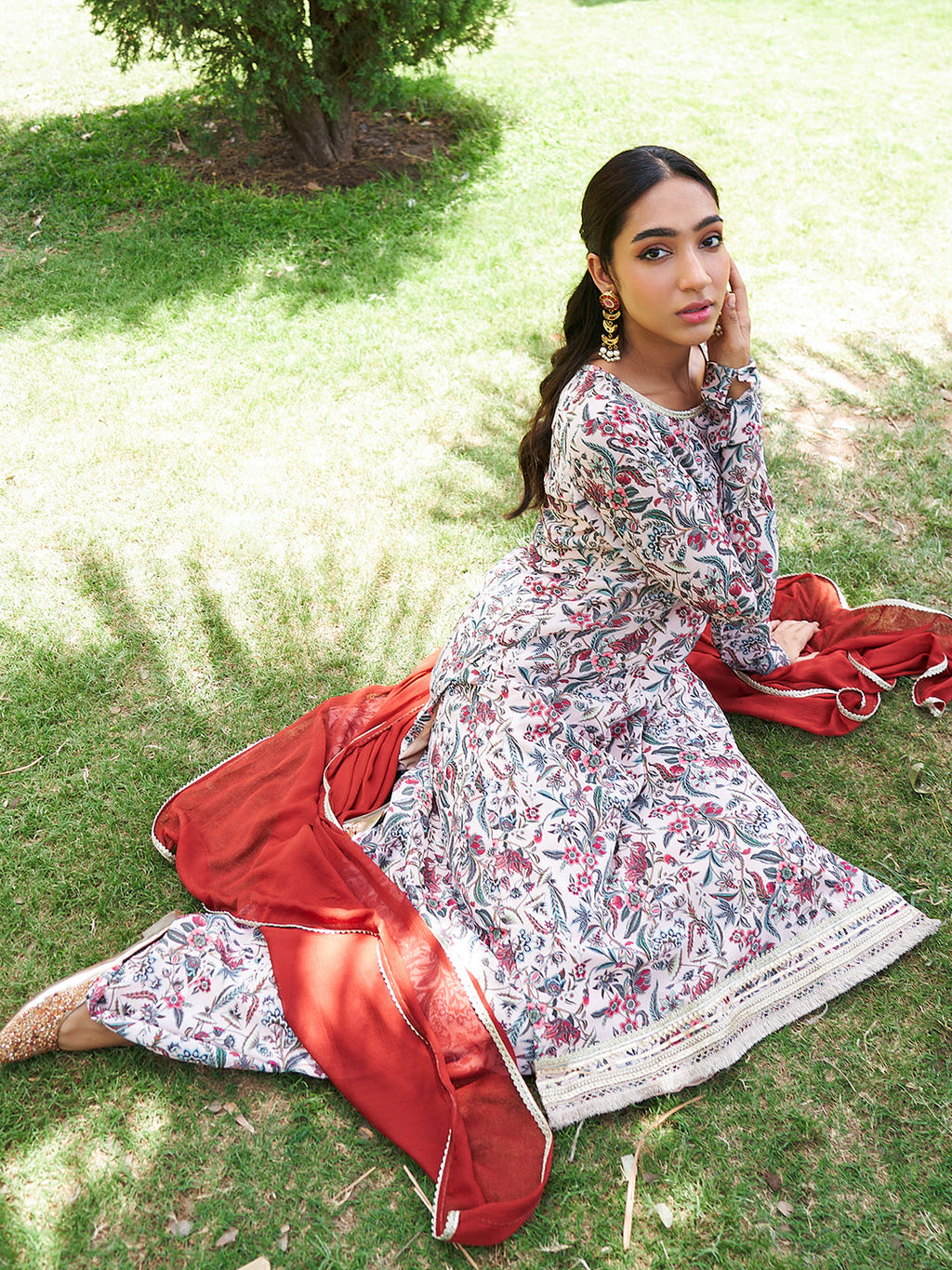 Janasya Beige Georgette Digital Floral Printed Set