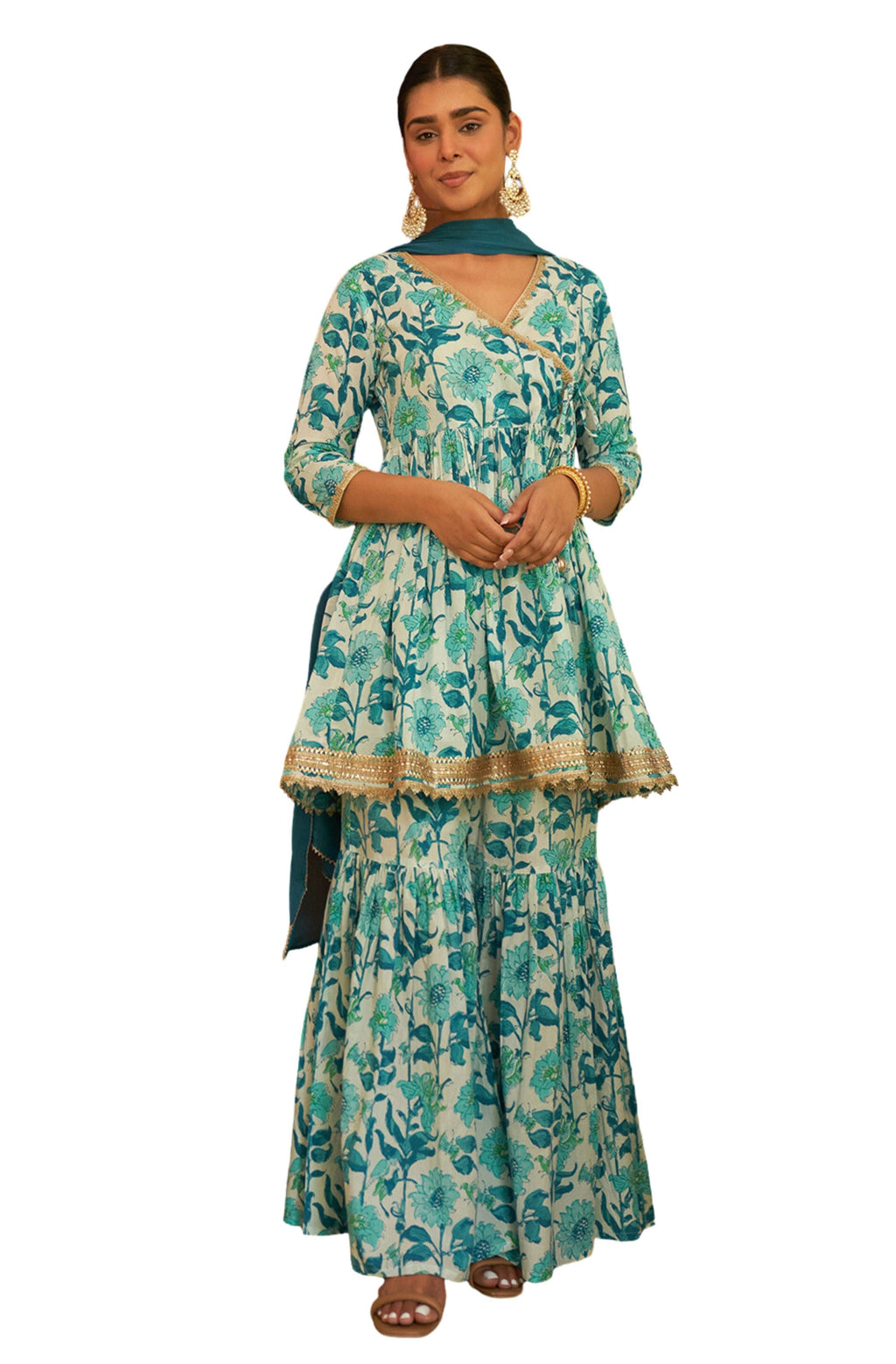 Janasya White Cotton Floral Printed Set