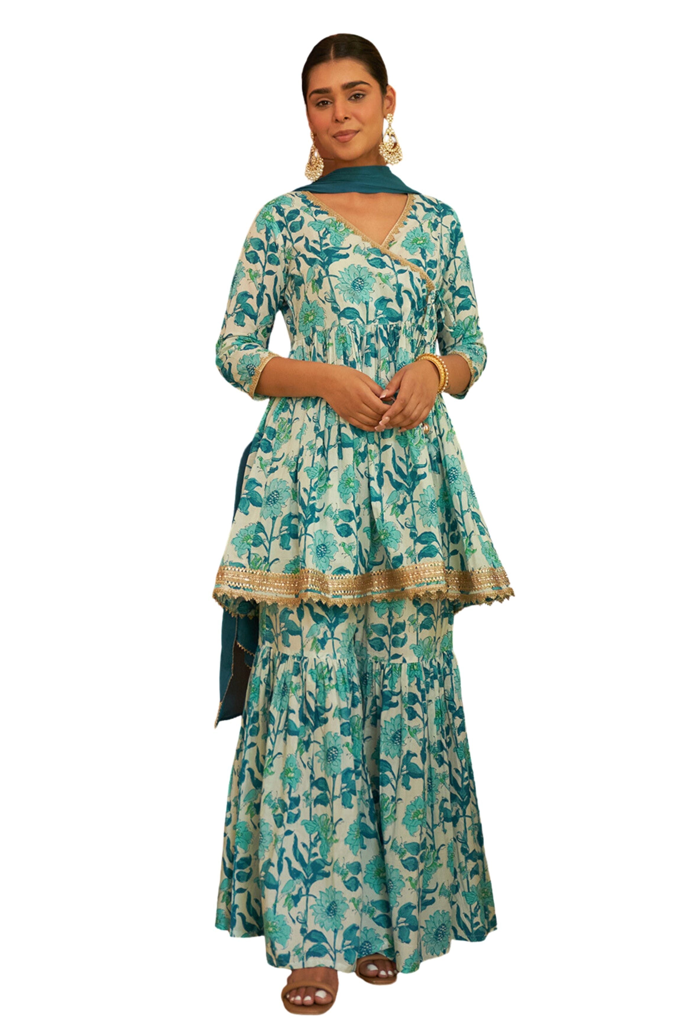 Janasya White Cotton Floral Printed Set