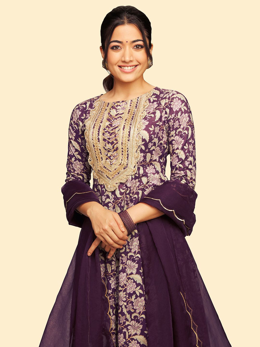 Janasya Violet Cotton Floral Printed Set