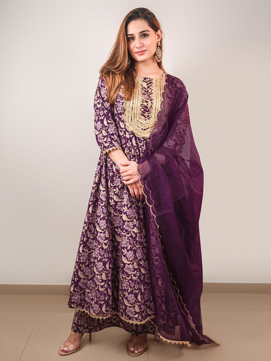 Janasya Violet Cotton Floral Printed Set