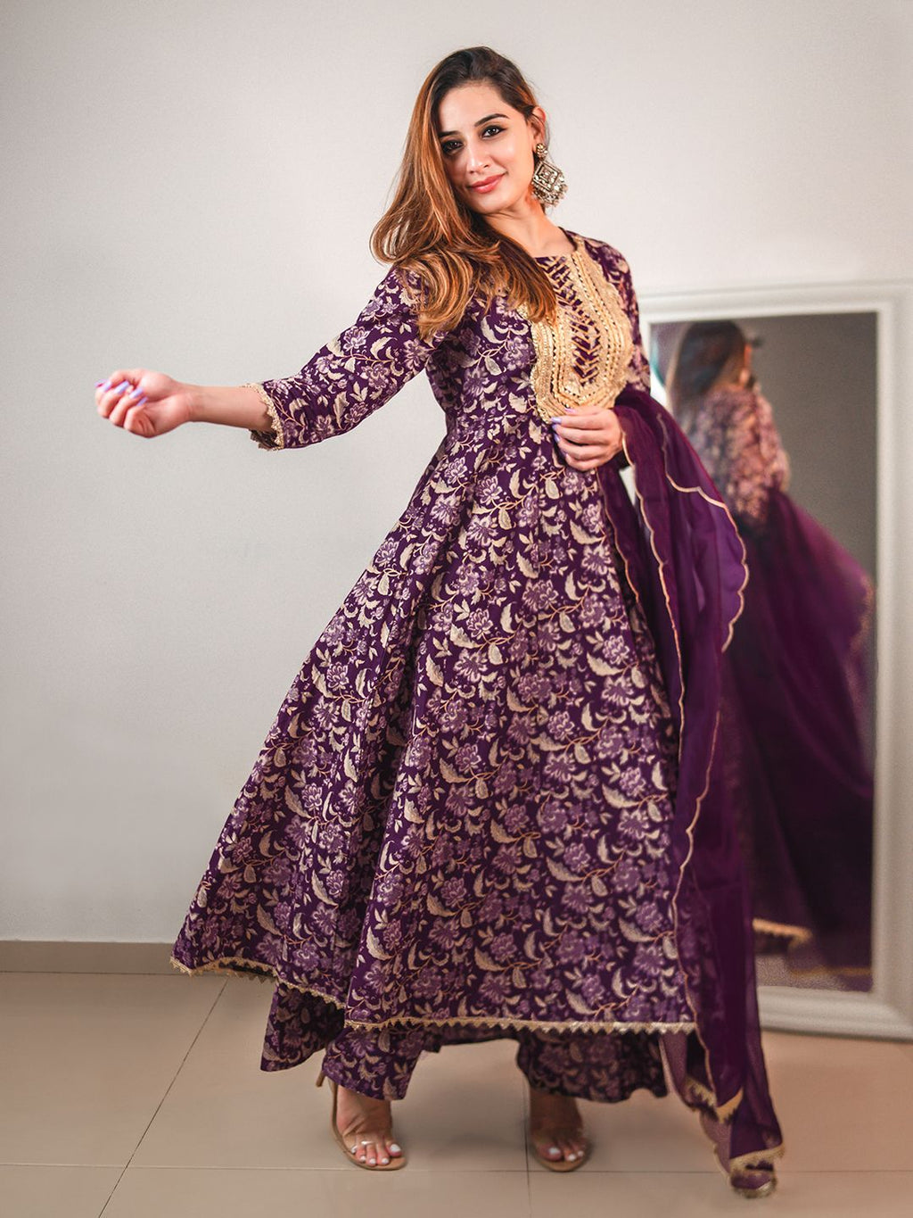 Janasya Violet Cotton Floral Printed Set