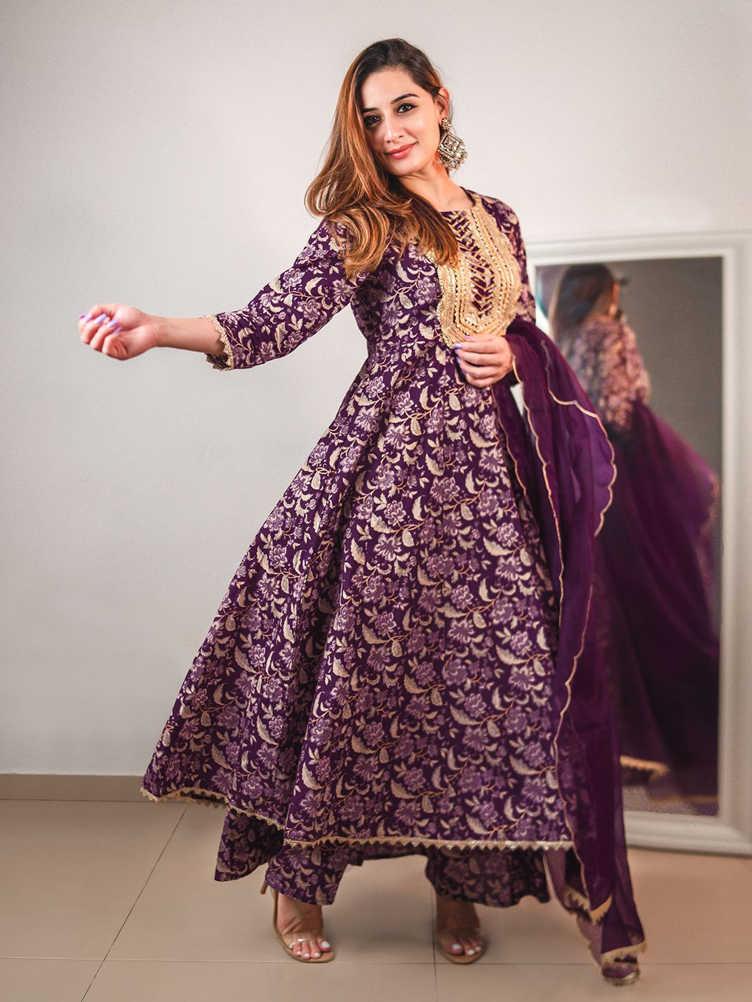Janasya Violet Cotton Floral Printed Set