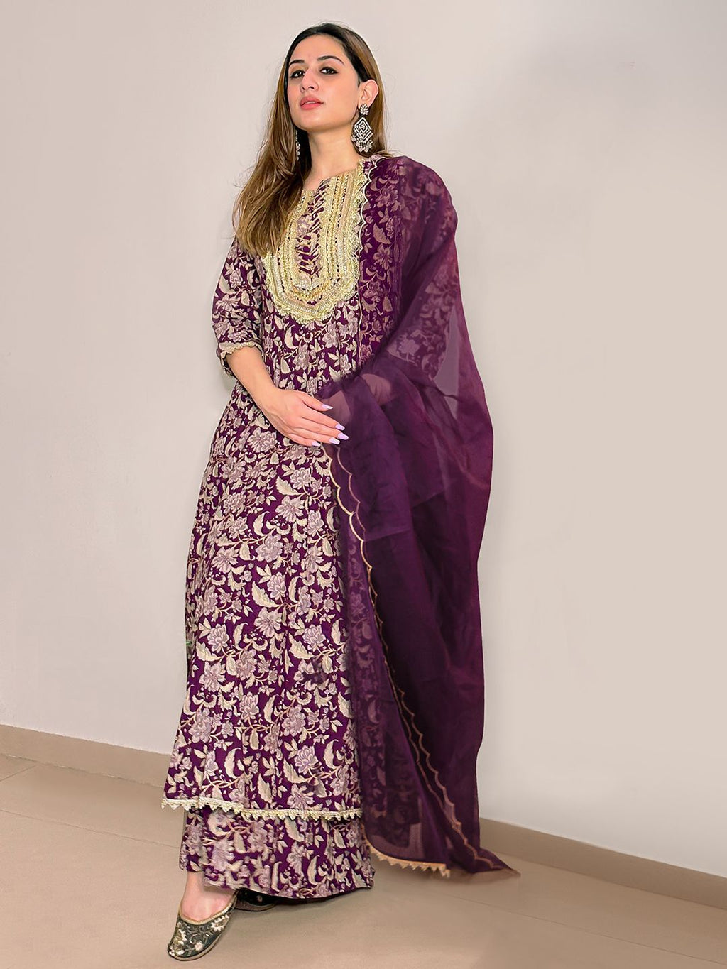 Janasya Violet Cotton Floral Printed Set