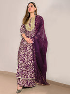 Janasya Violet Cotton Floral Printed Set