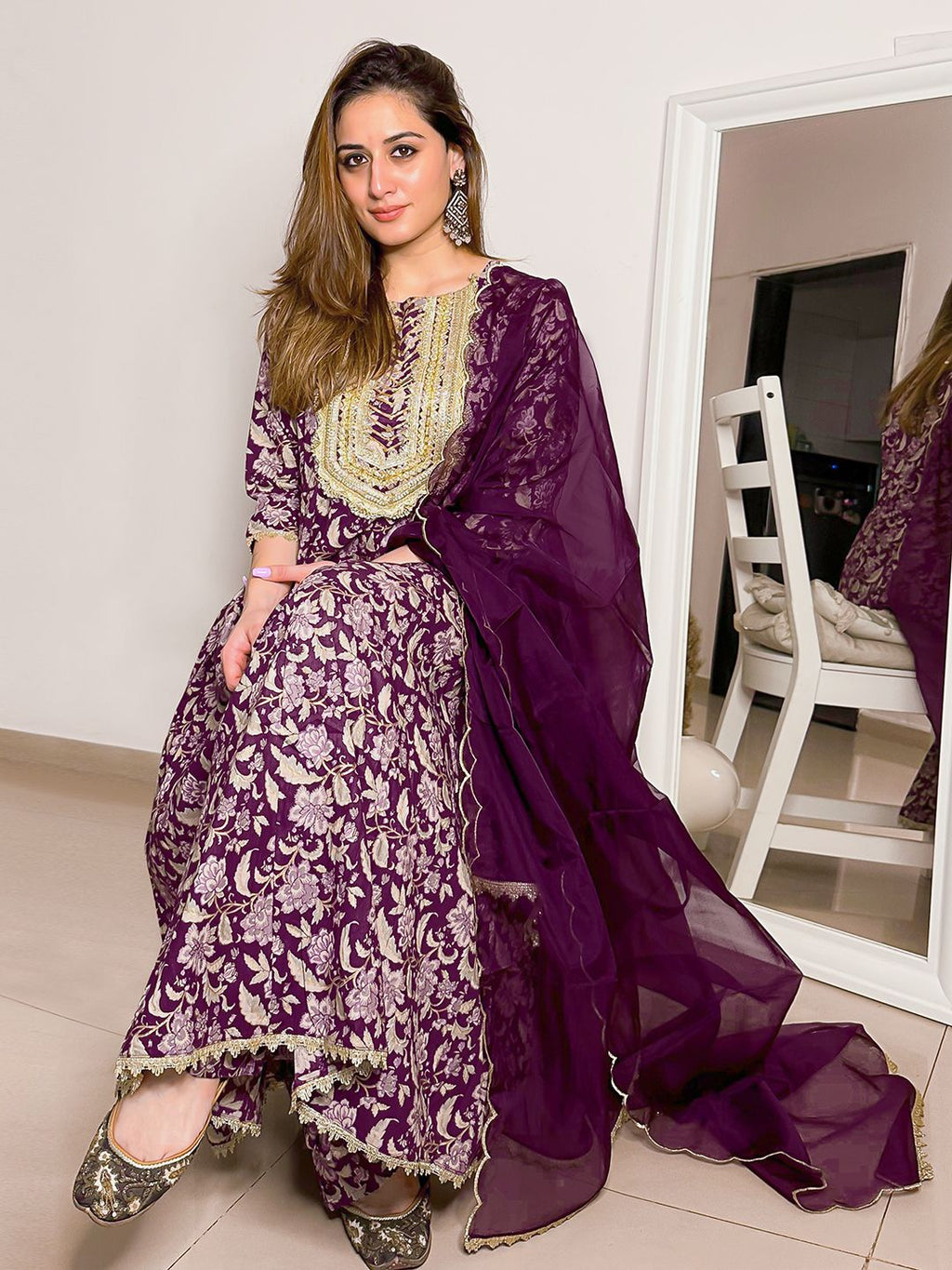 Janasya Violet Cotton Floral Printed Set