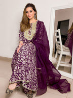 Janasya Violet Cotton Floral Printed Set