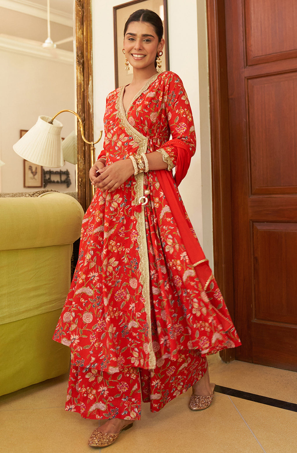 Janasya Red Cotton Floral Printed Set