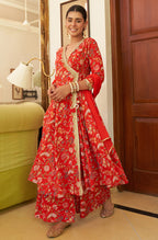 Janasya Red Cotton Floral Printed Set