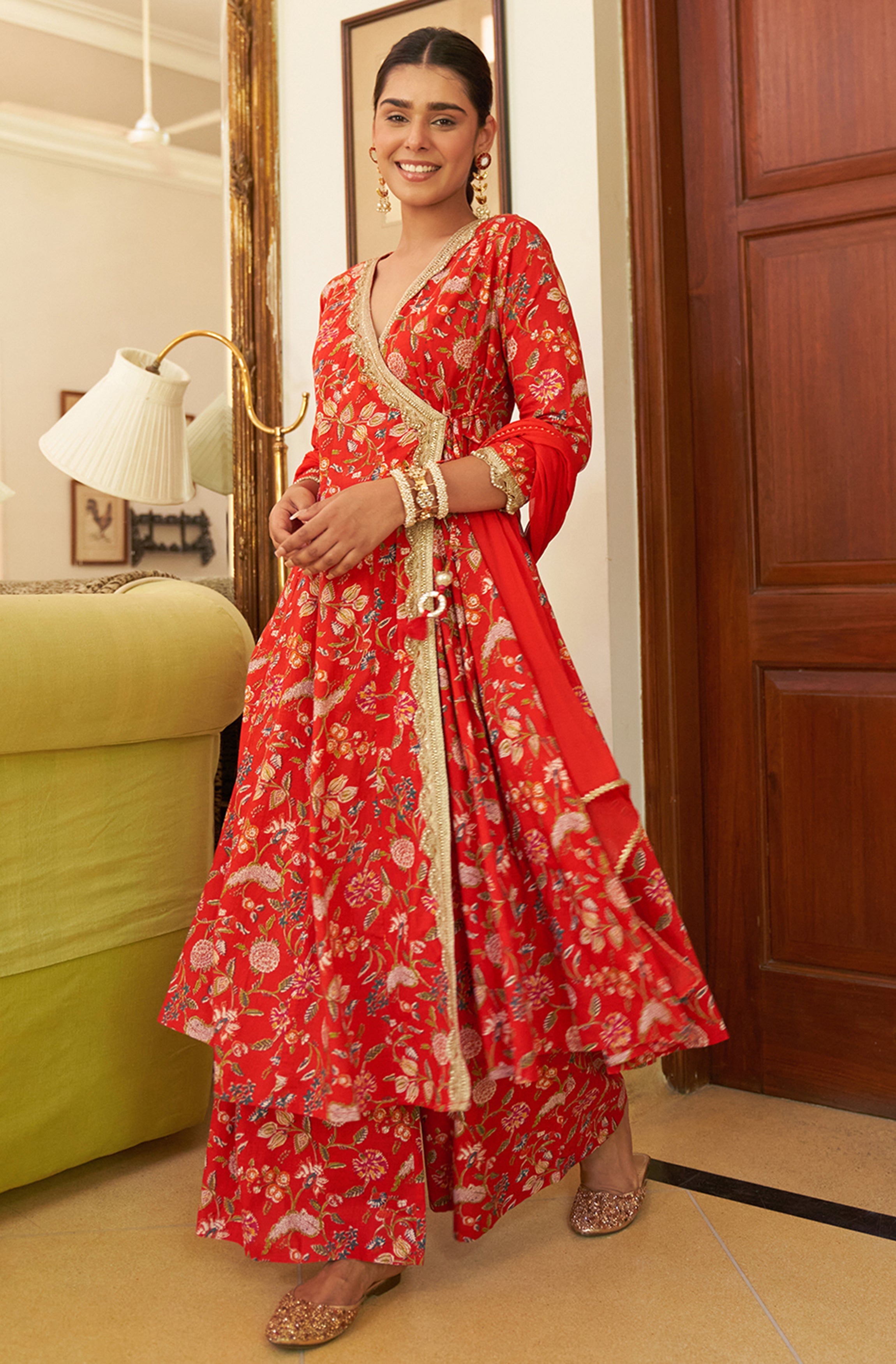 Janasya Red Cotton Floral Printed Set