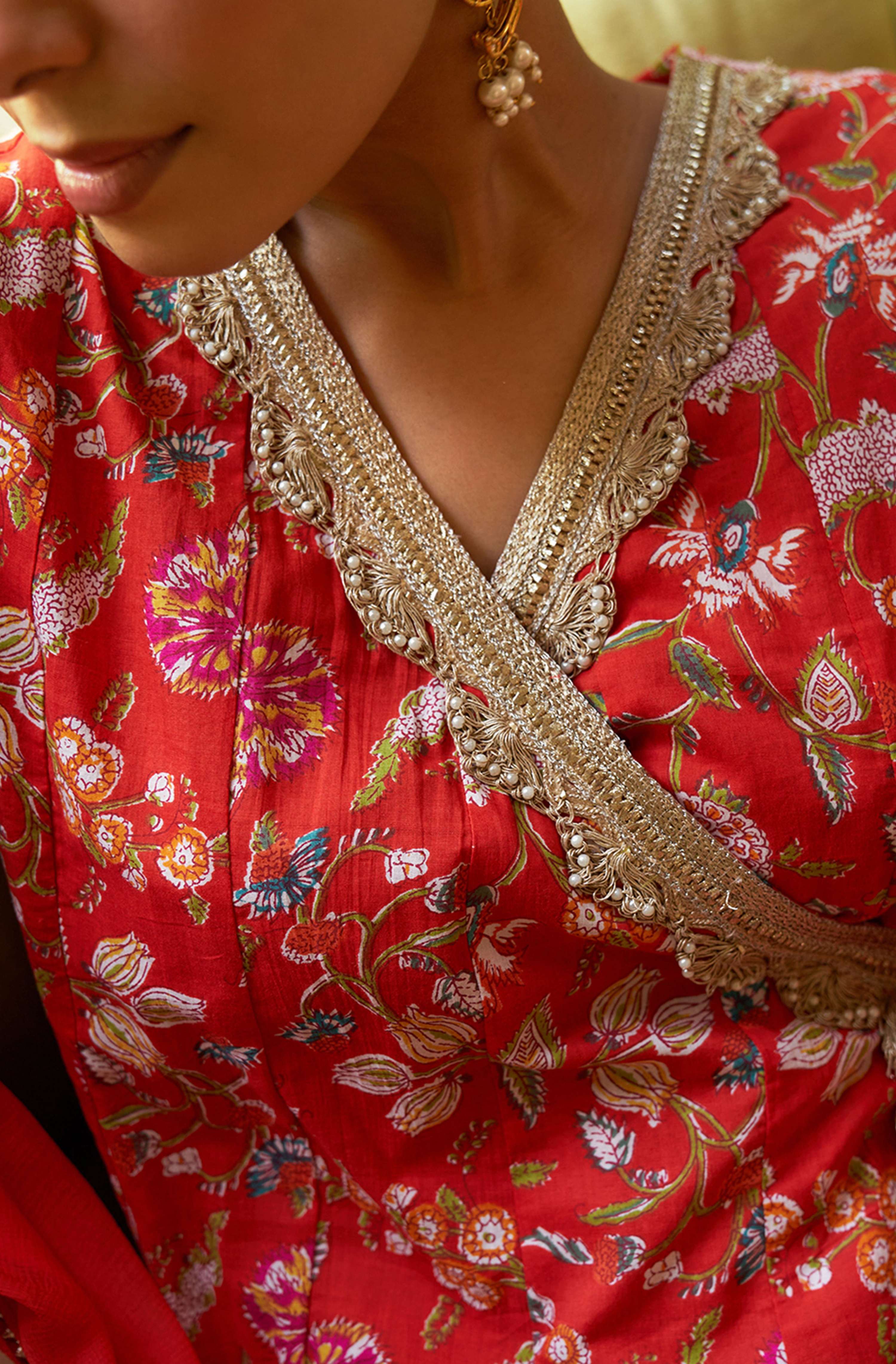 Janasya Red Cotton Floral Printed Set