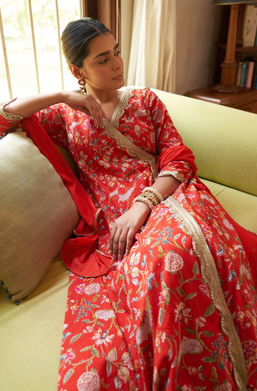 Janasya Red Cotton Floral Printed Set