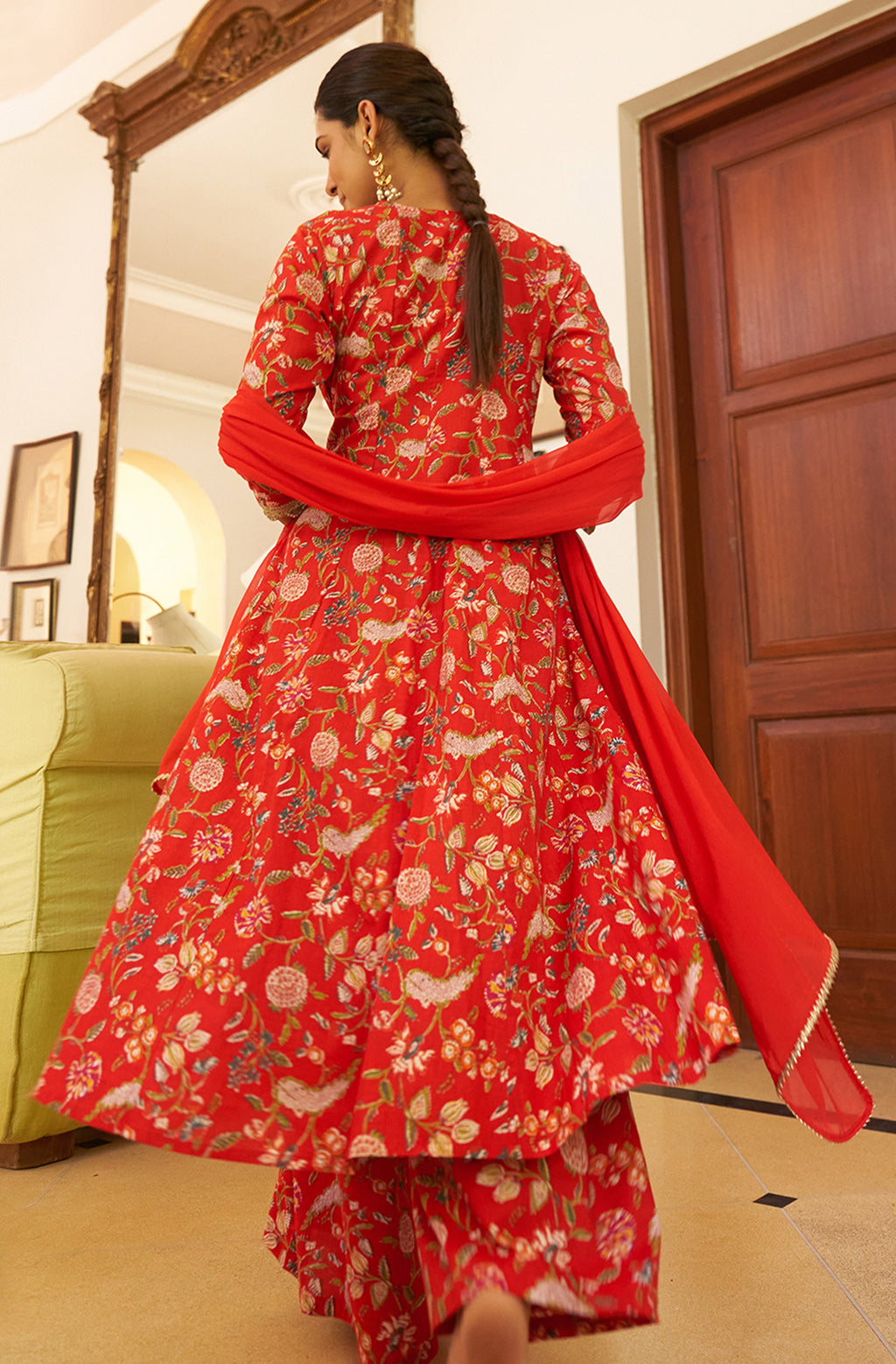 Janasya Red Cotton Floral Printed Set