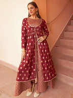 Janasya Women's Maroon Brocade Woven Design Festive Crop Top Set