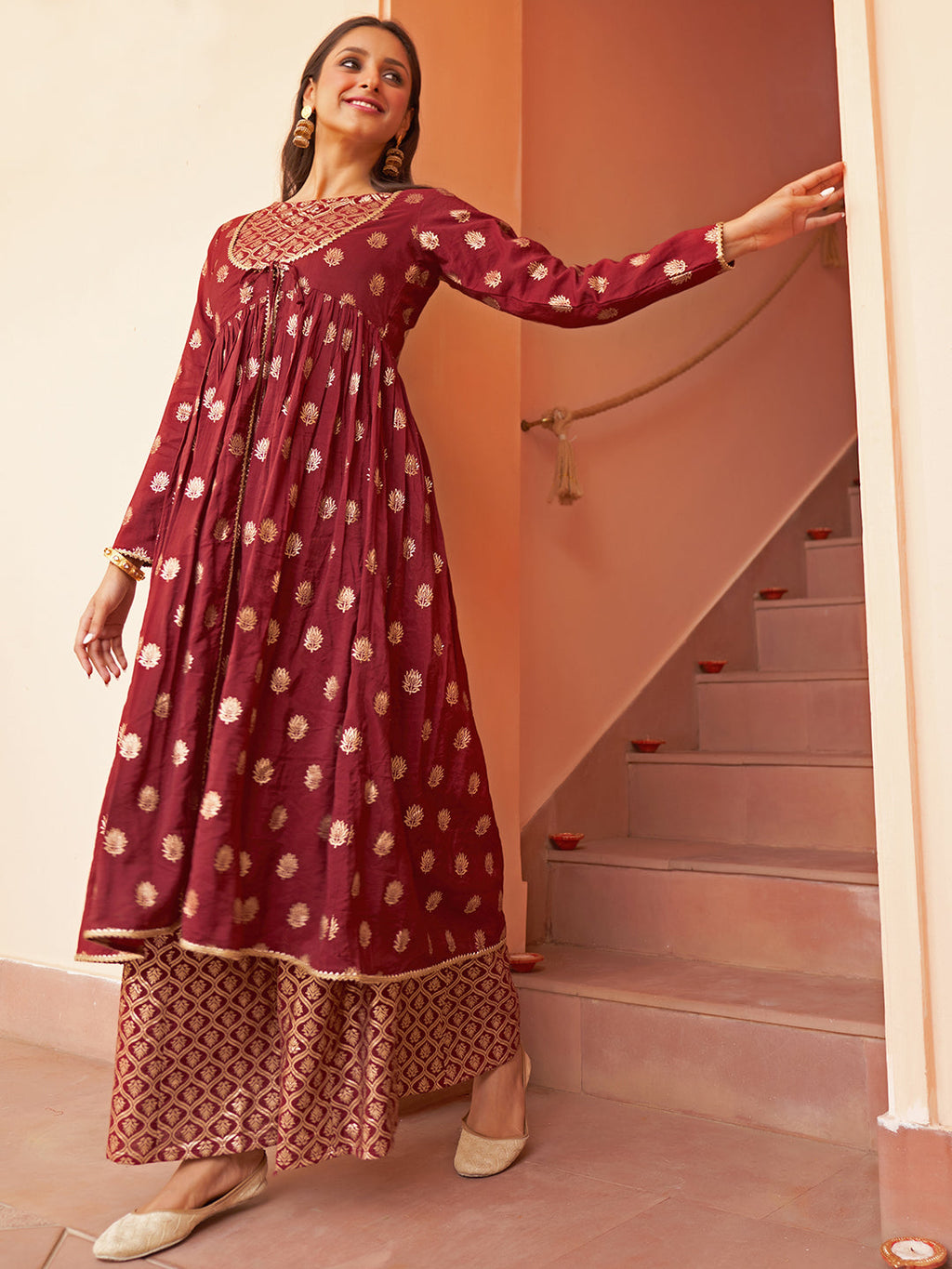 Janasya Women's Maroon Brocade Woven Design Festive Crop Top Set