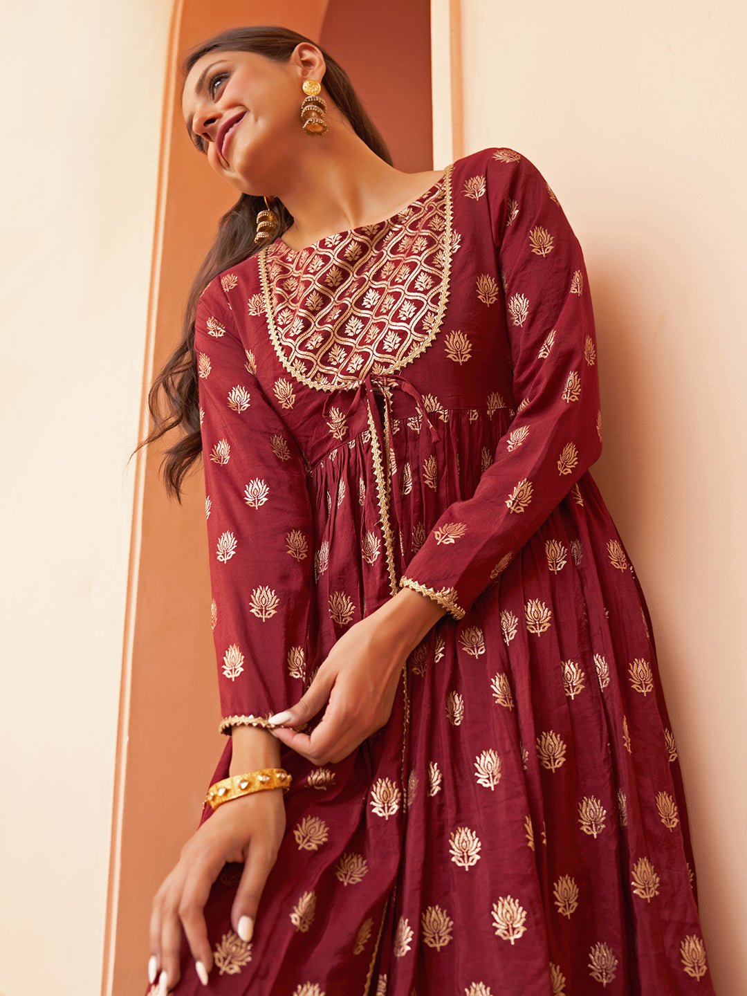 Janasya Women's Maroon Brocade Woven Design Festive Crop Top Set
