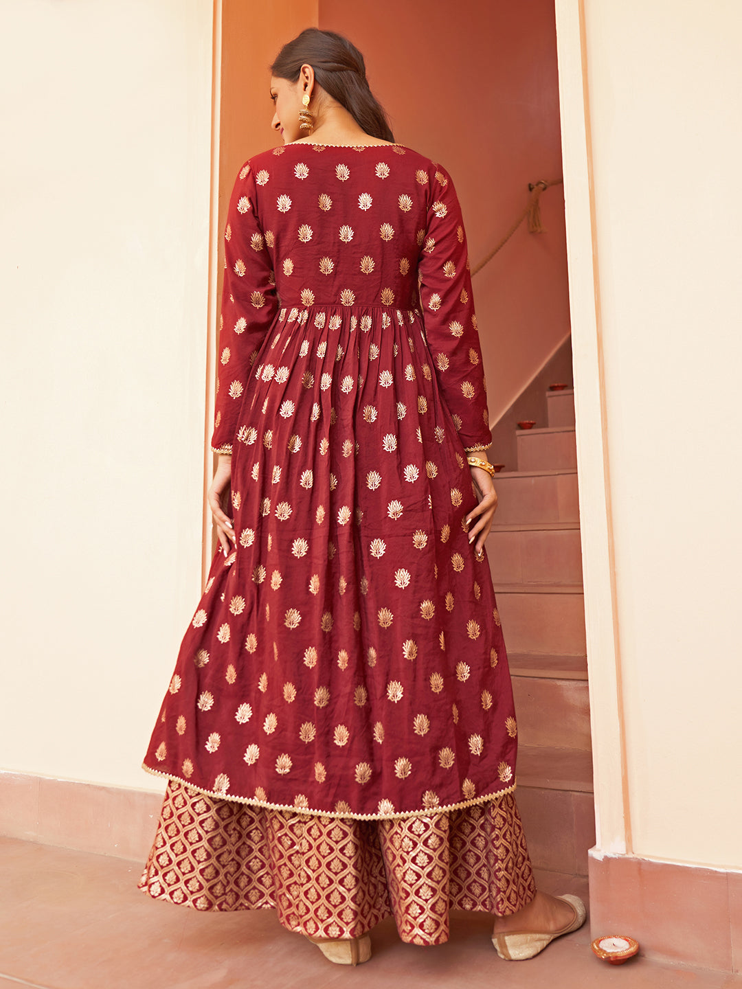 Janasya Women's Maroon Brocade Woven Design Festive Crop Top Set