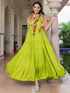 Janasya Women's Lime Green Rayon Solid Festive Tiered Kurta Set