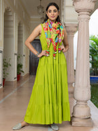 Janasya Women's Lime Green Rayon Solid Festive Tiered Kurta Set