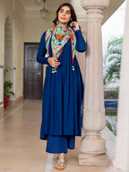 Janasya Women's Blue Rayon Solid Festive Gathered Kurta Set