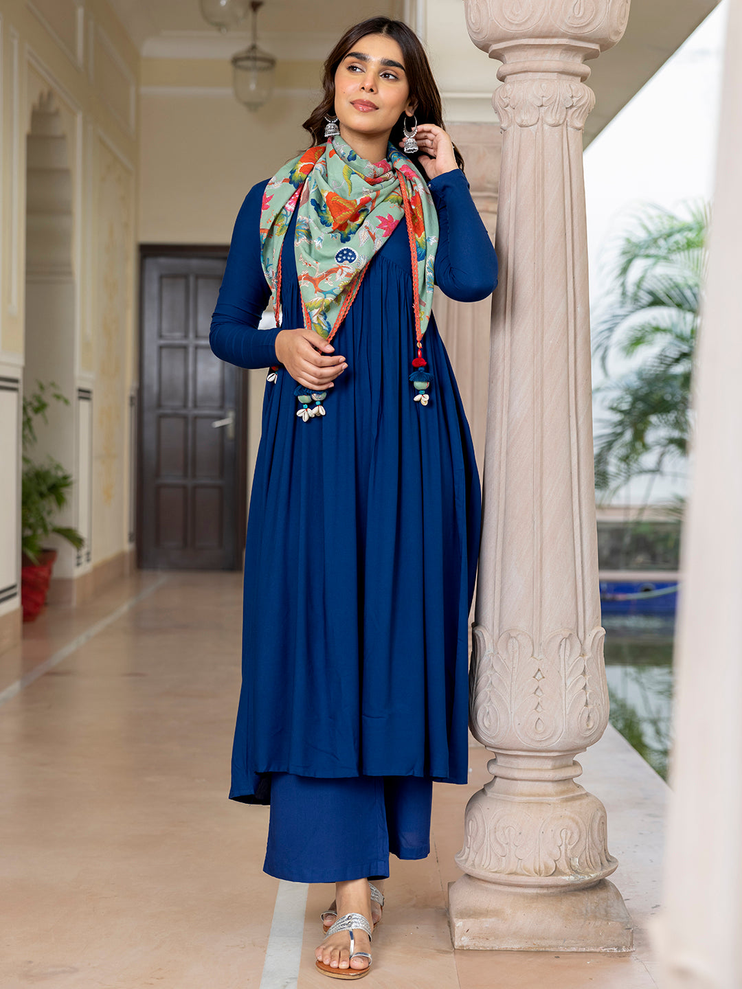Janasya Women's Blue Rayon Solid Festive Gathered Kurta Set