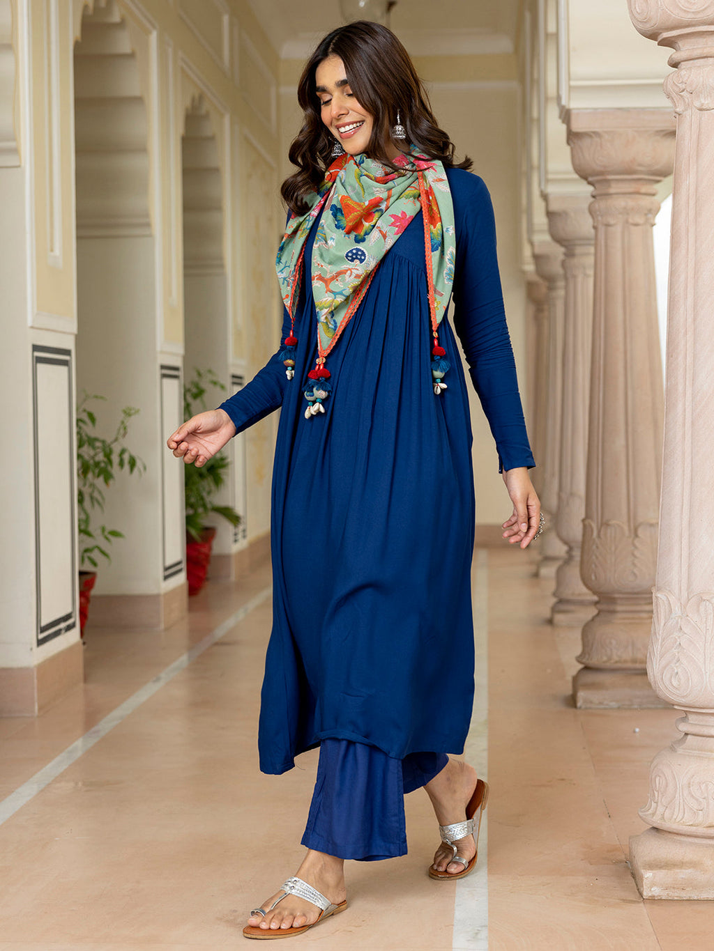 Janasya Women's Blue Rayon Solid Festive Gathered Kurta Set