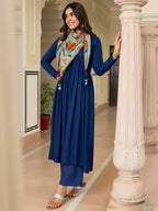 Janasya Women's Blue Rayon Solid Festive Gathered Kurta Set