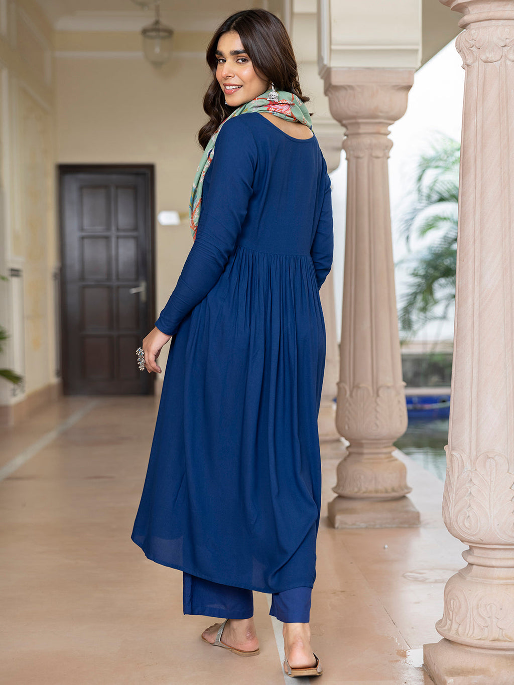 Janasya Women's Blue Rayon Solid Festive Gathered Kurta Set
