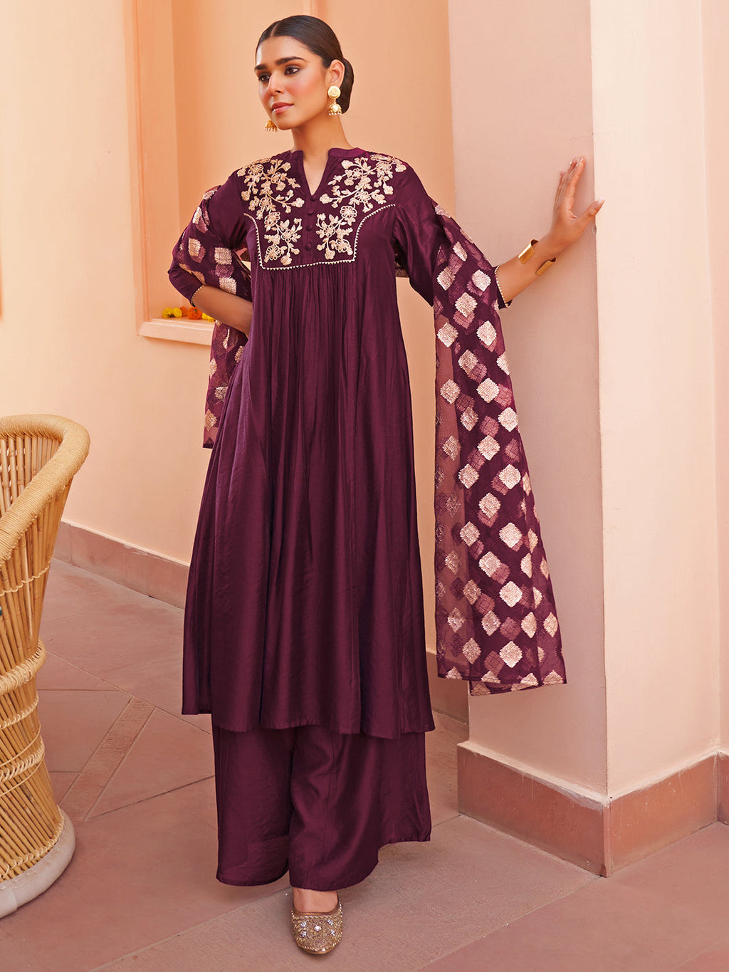 Janasya Women's Purple Chanderi Embellished Festive A-line Kurta Set