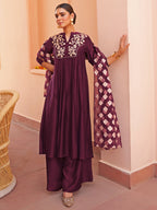 Janasya Women's Purple Chanderi Embellished Festive A-line Kurta Set